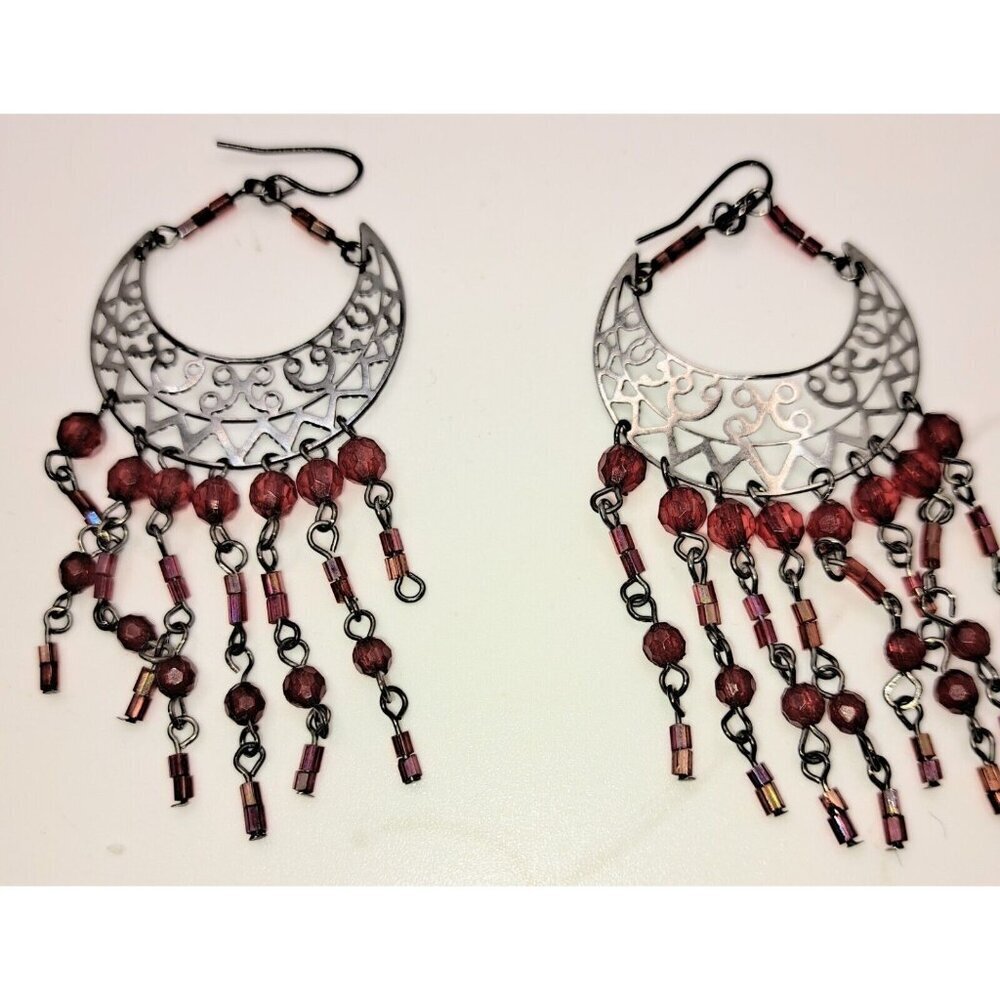 Women's Tribal‎ Style Hand Crafted Earrings Silver Tone Metals Ruby Red Beads